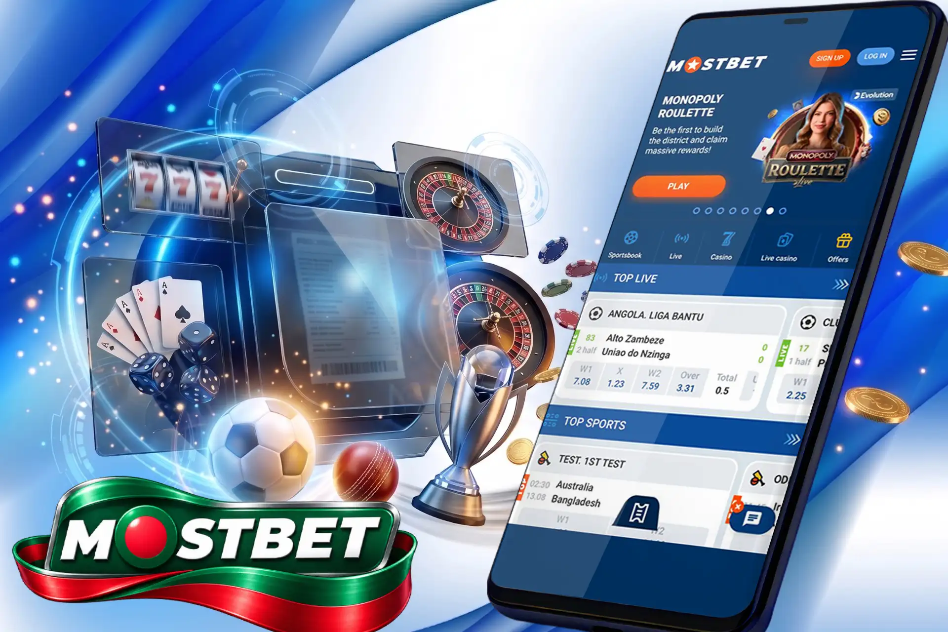 Overview of the Mostbet app in Bangladesh, featuring a smartphone with live roulette and sports betting options, alongside a soccer ball, cricket ball, and a championship cup