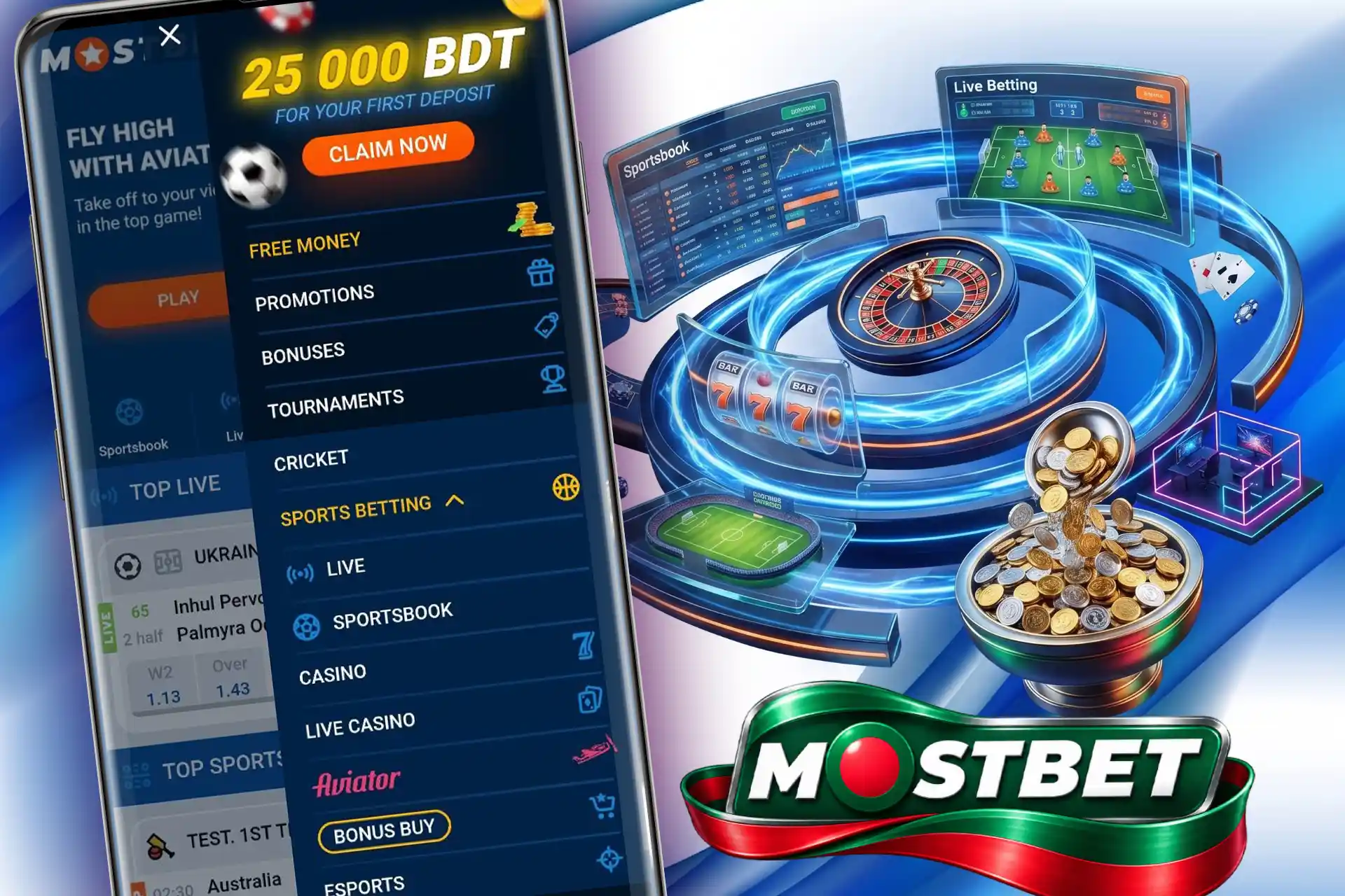 Features of the online betting platform, displaying a mobile menu with a generous first deposit bonus, surrounded by a 3D soccer stadium, a roulette wheel, and a bowl overflowing with gold coins